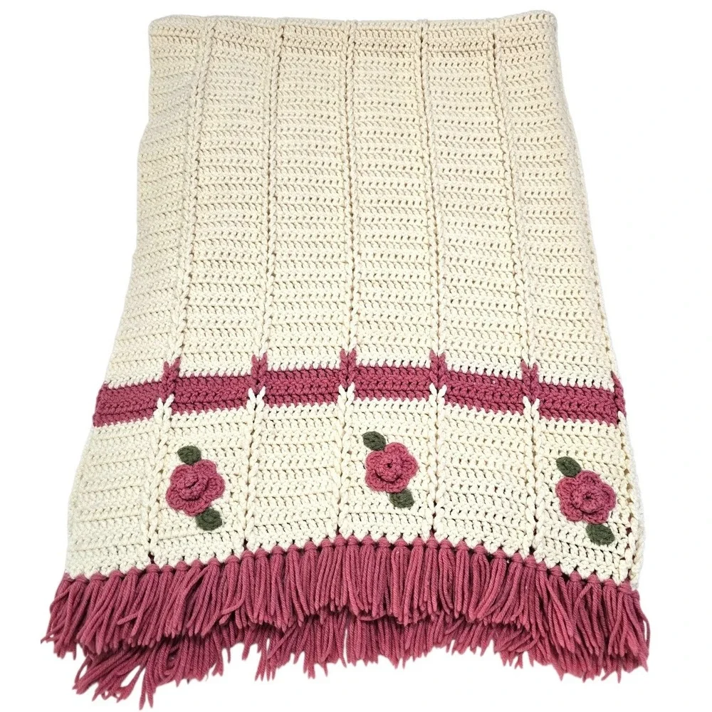 Vintage Handmade Crochet Rose Throw Blanket Cream Pink Floral Fringe Afghan